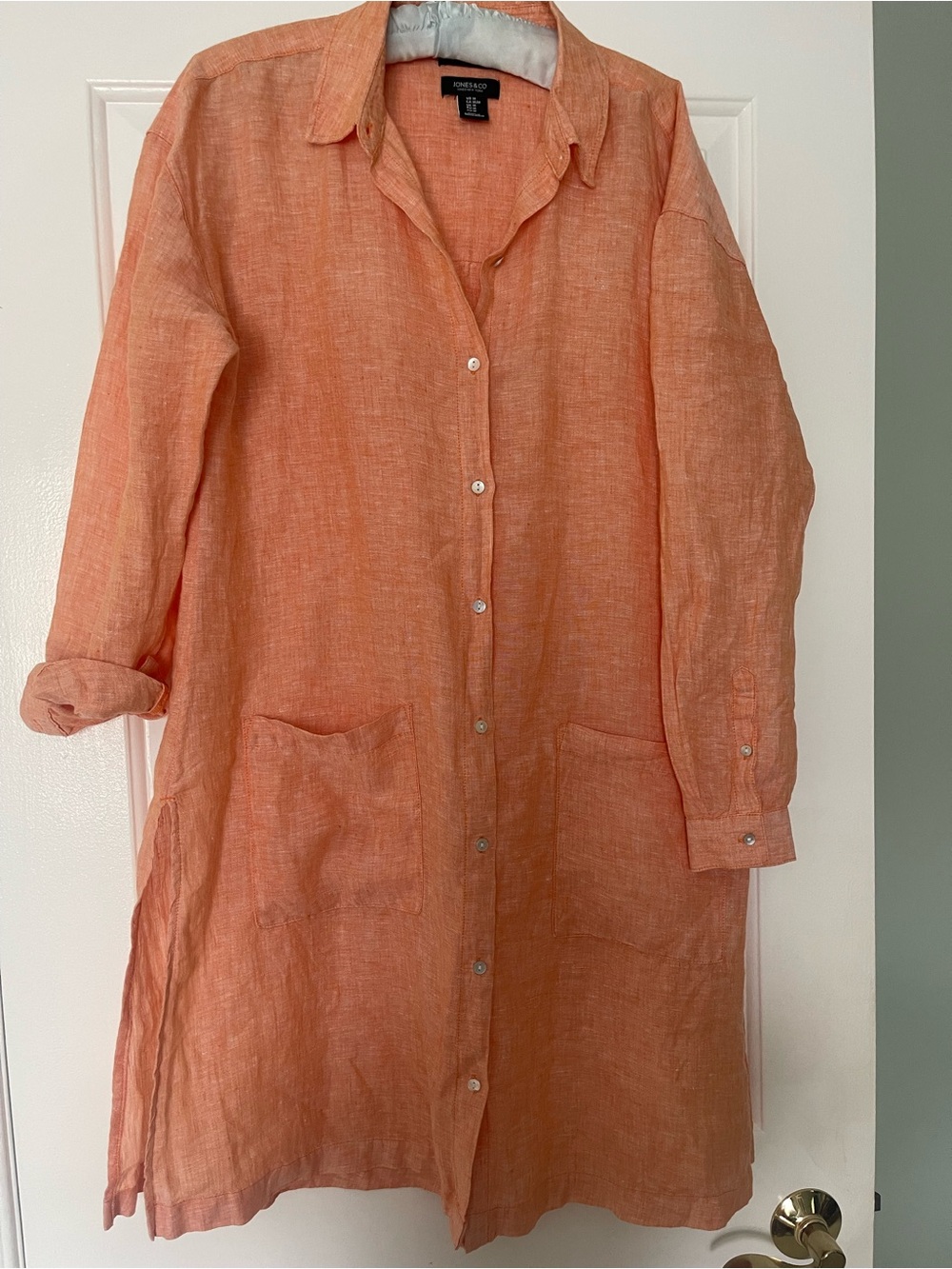 Jones New York Coral Linen Button-Front Tunic with side slits pockets s M fits L